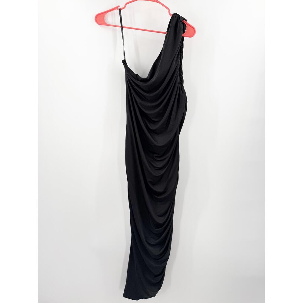 One-Shoulder Black Ruched Midi Dress - Picture 3 of 16